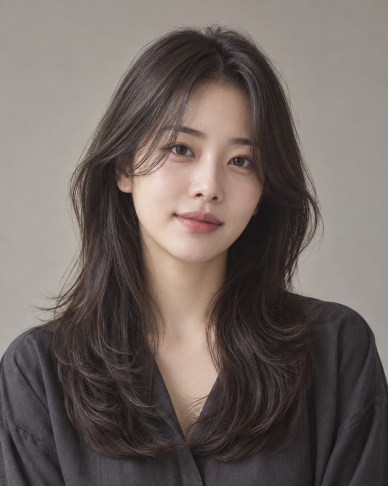 자연스러운 다크 레이어드컷을 표현한 AI 가상 모델 이미지